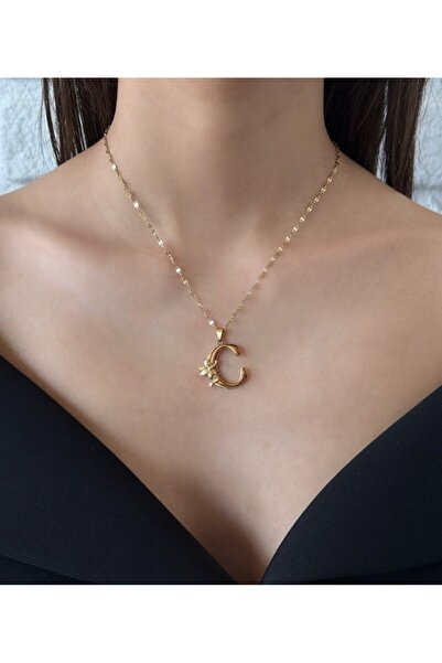 h&b design jewel Çelik Melek Detaylı C Harfli Kolye