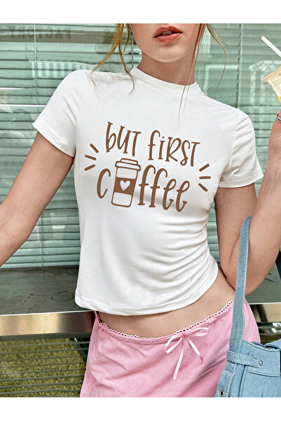 EVIus Tricou crop pentru femei But First Coffee imprimat Lycra cu mânecă scurtă