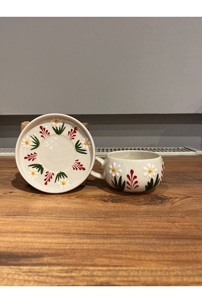 ColorCraft Daisy and Red Patterned Ceramic Mug with Plate, Mug, Double Turkish Coffee Filter Coffee