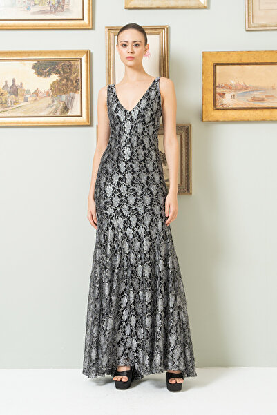 Kikiriki Ασημί μακρύ φόρεμα ψαριού με λαιμόκοψη σε σχήμα V