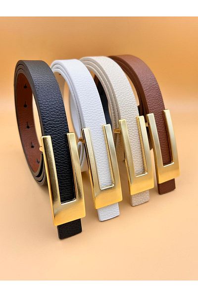 MODAM HİFA Set of 4 Gold Buckle Women's Thin Belt Trouser Belt Dress Belt Shirt Belt Coat Belt