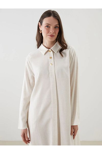 LC Waikiki Lcw Grace Beige Shirt Collar Linen Blend Dress
