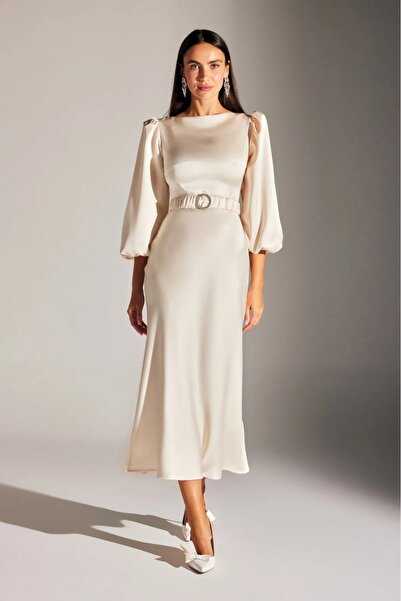 LEONLIA TAŞLI KEMERLİ BALON KOL ELBİSE