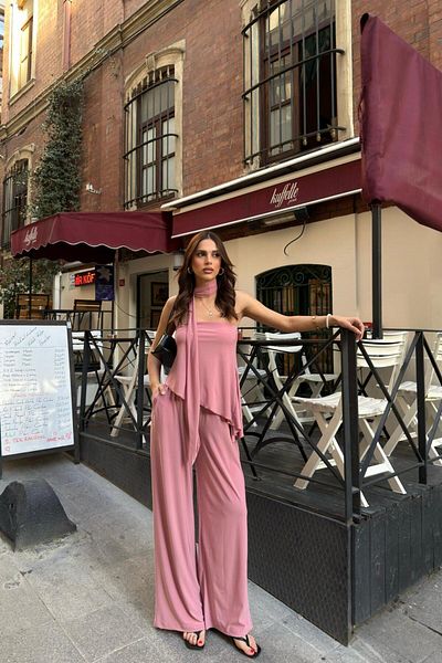 Hello Asymmetric Cut Scarf Blazer Loose Pants Suit