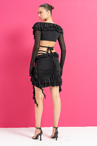 Kikiriki Black Gloved Ruffled Crop Blouse & Skirt Set