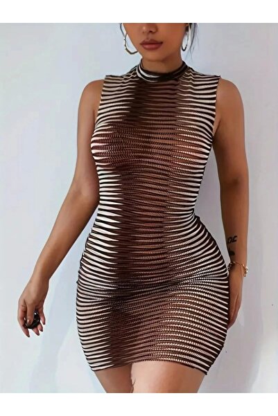 Genel Markalar Kadın Sıfır Kol Desenli Mini Bodycon Dalgıç Elbise