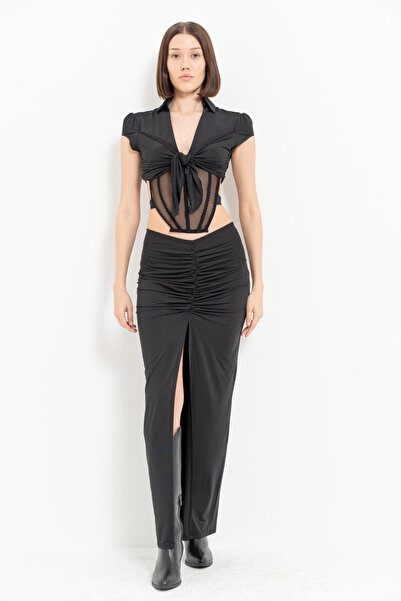 Kikiriki Black Tie-Up Crop Blouse & Slit Skirt Set