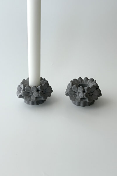 sin istanbul 2'li Çiçek Şamdan Mumluk Gri