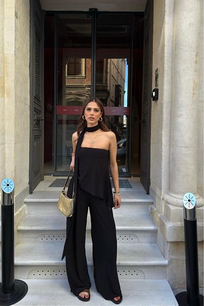 Hello Asymmetric Cut Scarf Blazer Loose Pants Suit
