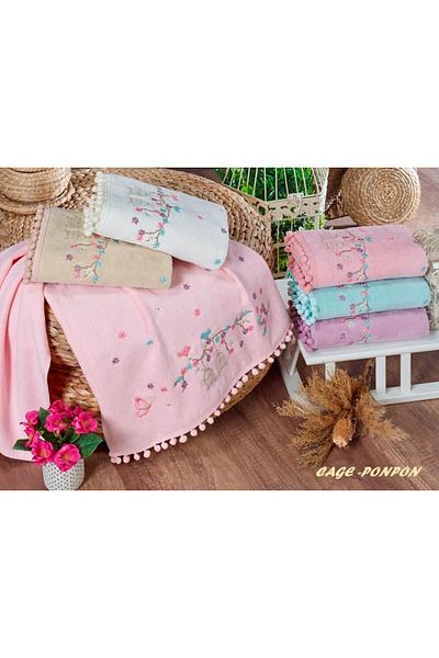 Beğenal Set of 6 Velvet Pompom (Cage) Embroidered Hand-Face Towels (50 X 90 cm)