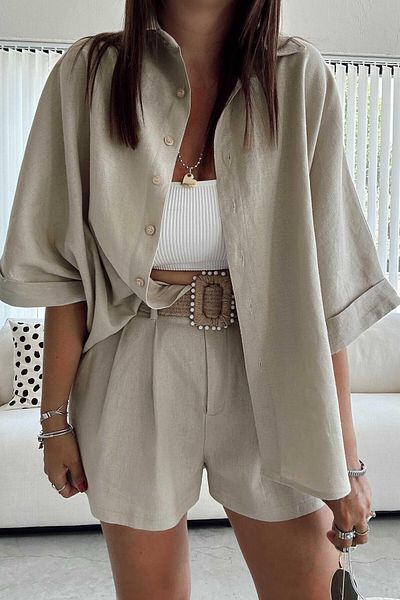 Suzi Belted Linen Shirt Shorts Set 51036
