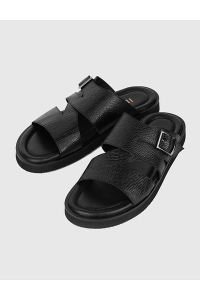 İLVİ Kandos Patterned Genuine Leather Black Men's Sandals