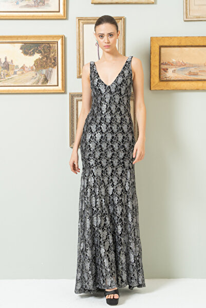 Kikiriki Ασημί μακρύ φόρεμα ψαριού με λαιμόκοψη σε σχήμα V