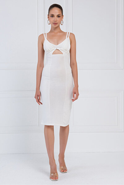 Kikiriki Off white Askılı Göğüs Robalı Elbise