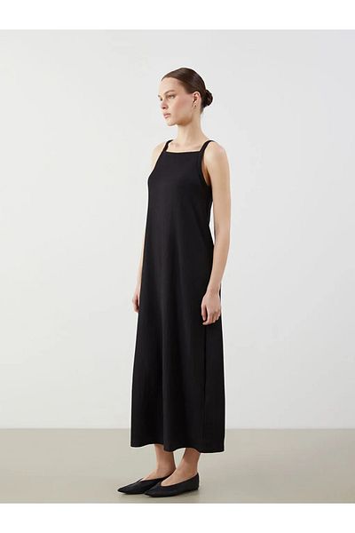 LC Waikiki Lcw Comfort Black Square Neck Textured Dress
