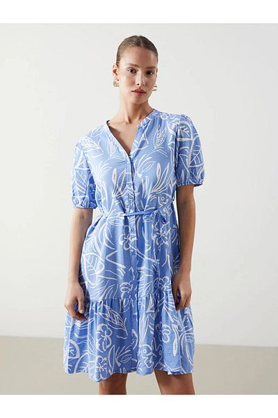 LC Waikiki Lcw Comfort Blue Collar Patterned Mini Shirt Dress