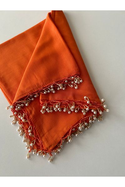 BENLİ Pearl Beaded Gold Hand Embroidered Scarf Writing 100x100cm