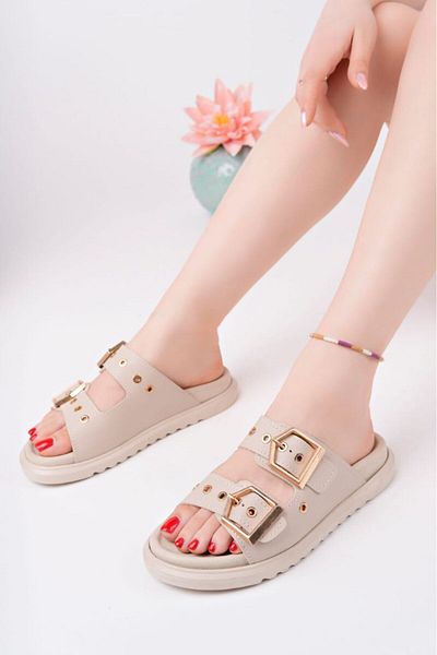 İA İLERİADIM Women's Beige Poly Sole Double Banded Buckle Slippers Heel Height 3 cm