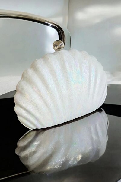 Glemix Rosalie Beyaz Sedefli Deniz Kabuğu Model Zincir Askılı Dokulu Clutch A...