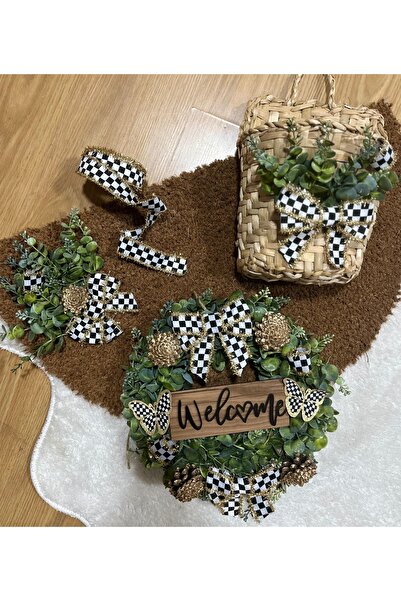 Marrone Welcome Yazılı Damalı Kelebek Damalı Şerit Kurdele Kapı süsü paspas takımı sepet