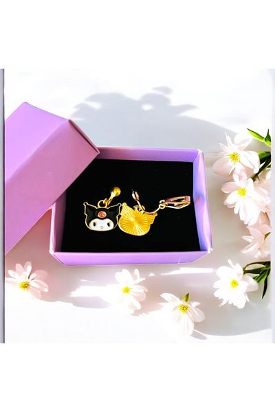 1PARÇAMAVİ Kuromi Patterned - Children's Earrings with Pinches and Clips, Perforated Design