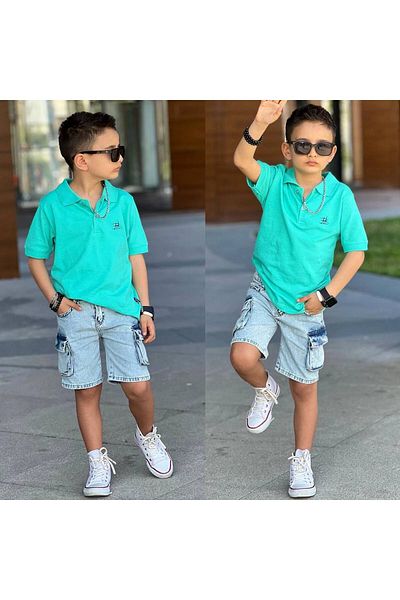 sinmm Boy's Polo Collar T-Shirt Denim Shorts 2-Pack Top-Bottom Suit Green Color