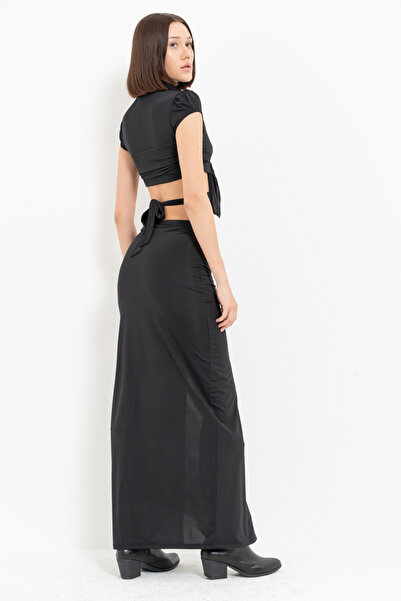 Kikiriki Black Tie-Up Crop Blouse & Slit Skirt Set
