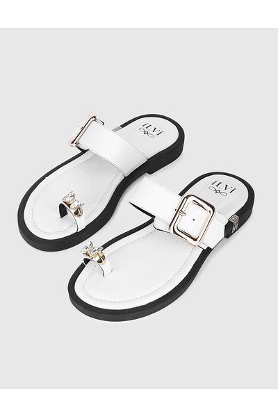 İLVİ Walgi Genuine Leather White Women's Slippers