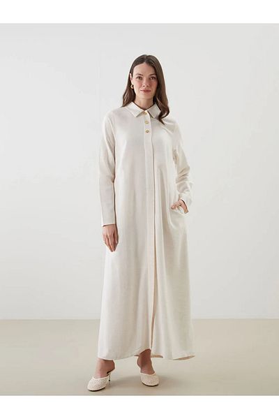 LC Waikiki Lcw Grace Beige Shirt Collar Linen Blend Dress
