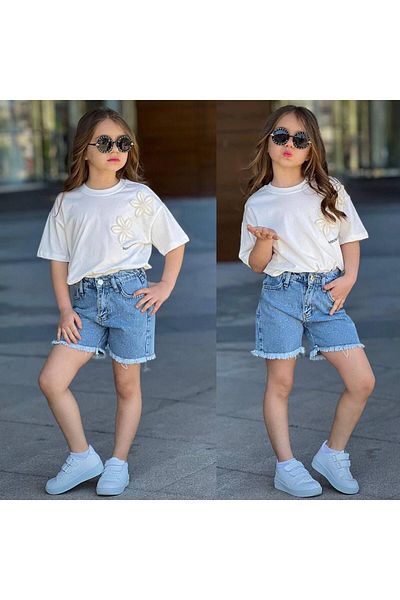 sinmm Girl's Stone Detail Denim Shorts Flowers T-Shirt 2-Piece Top and Bottom Set