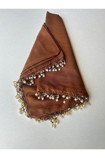 BENLİ Pearl Beaded Gold Hand Embroidered Scarf Writing 100x100cm