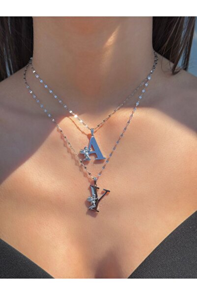 h&b design jewel Çelik Melek Detaylı Silver A Harfli Kolye