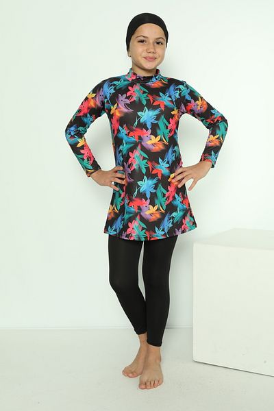 bazaar-turkey all you need Girl's Tights Long Sleeve Patterned Hijab Swimsuit 1900-13