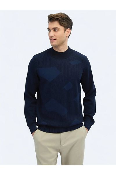 Kip Pulover din tricotaje din amestec de lână cu model pe jumătate de gât țestoasă Indigo