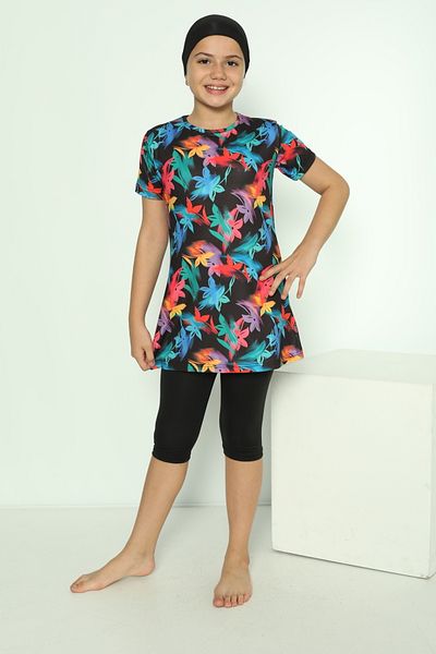 bazaar-turkey all you need Tights Short Sleeve Patterned Hijab Swimsuit