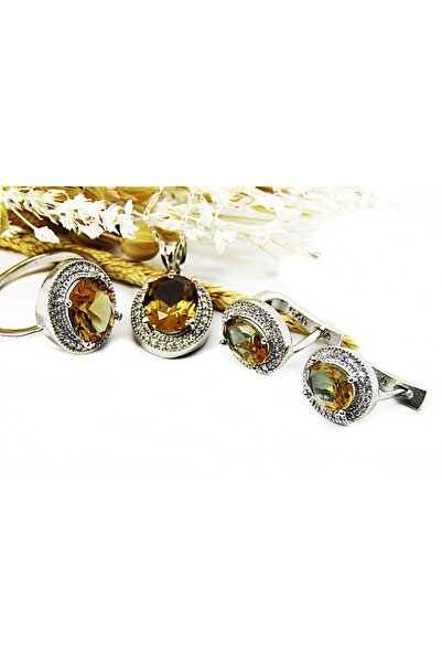 lilahgümüştr Gümüş Oval Zultanit Taşlı  Kolye Küpe Yüzük Kadın Set