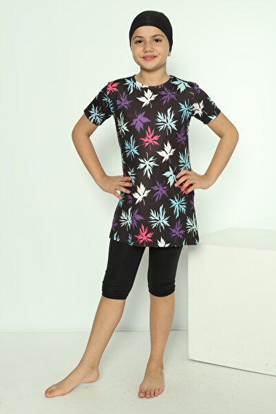 Genel Markalar Kız Çocuk Taytlı Kısa Kollu Yaprak Desenli Tesettür Mayo 1904-15