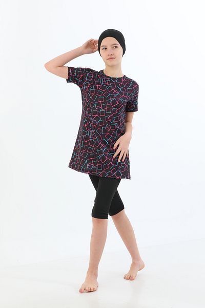 bazaar-turkey all you need Girls' Short Sleeve Patterned Hijab Swimsuit with Tights 1904-8