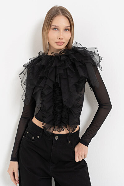 Kikiriki Black Long Sleeve Tulle Blouse with Flywheel Detail