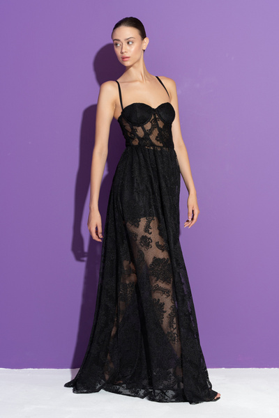 Kikiriki Siyah Askılı Uzun Güpür Elbise