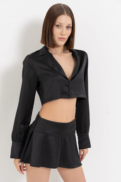 Kikiriki Black Buttoned Crop Satin Shirt & Skirt Set