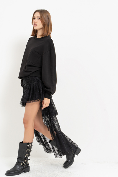 Kikiriki Black Short Front Long Back Lace Skirt