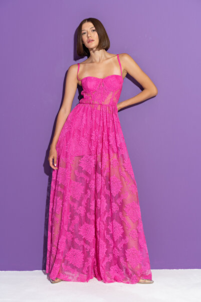Kikiriki Yeni Fuşya Askılı Uzun Güpür Elbise