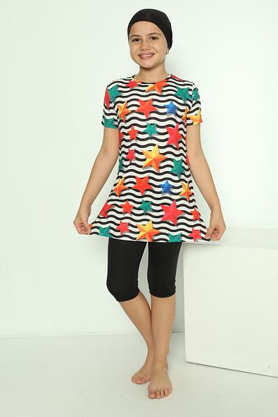 bazaar-turkey all you need Girl's Tights Short Sleeve Star Patterned Hijab Swimsuit 1904-18