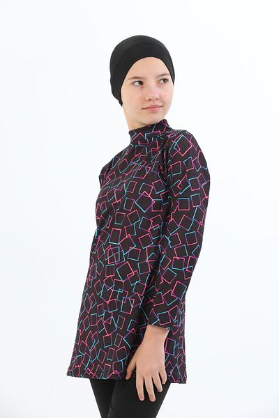 bazaar-turkey all you need Girls' Long Sleeve Square Patterned Hijab Swimsuit with Tights 1900-8