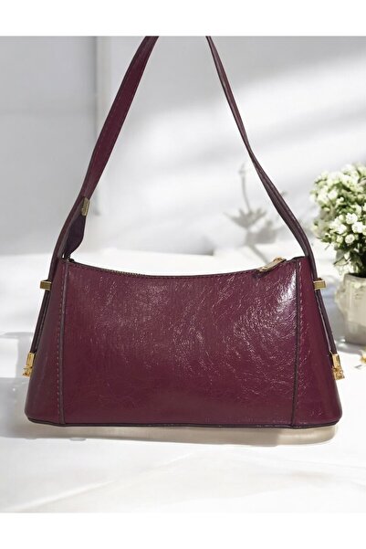 Jagu حقيبة يد وكتف نسائية أنيقة من الجلد باللون العنابي المكسور اللامع مع حزا...