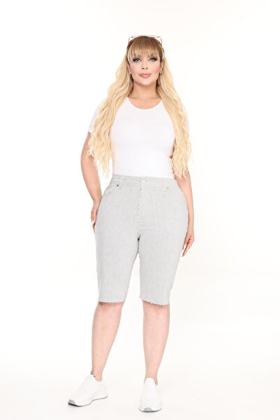 Era Lisa Striped Large Size Comfortable Fit Bermuda Shorts (Seamless Legs)