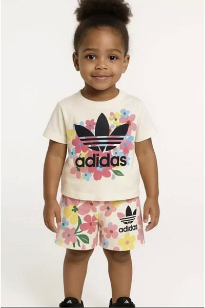 Kidmark Çocuk Modası Girl's Floral Printed 100% Cotton Summer Suit
