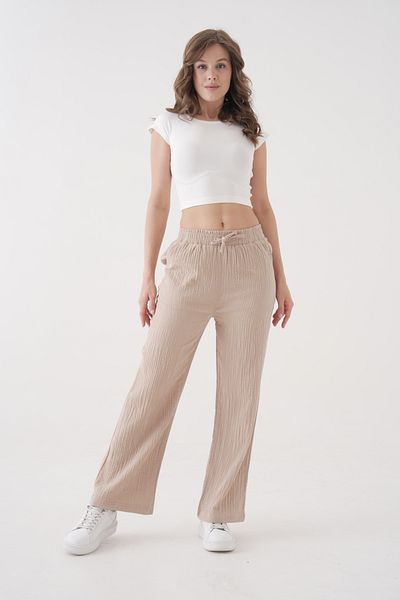 saint majesta Women's Summer Muslin Trousers 100% Cotton Wide Leg with Pockets (Sm25)