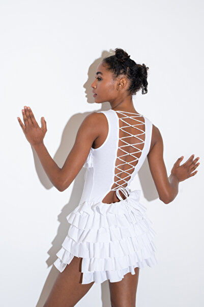 Kikiriki Off white Sırtı Çapraz Detaylı Fırfırlı Mini Elbise